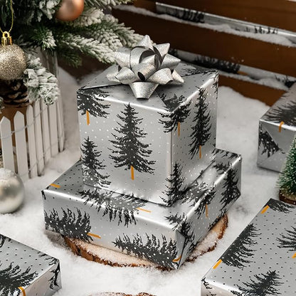 MAYPLUSS Christmas Gift Wrap Trees - 17 Inch X 33 Feet - Silver White Minimalist Christmas Trees Wrapping Paper Winter Festive Forest Present Sheet for Holiday, Seasonal Celebration