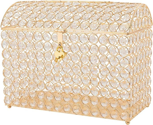 Crystal Wedding Card Box With Heart Lock, Gold Crystal Treasure Chest Money Card Gift Decorative Memory Box for Wedding Birthday Graduation Party