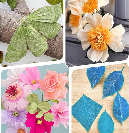 14 Colors Crepe Paper Rolls, 9.8 x 98 Inch Wide Crepe Paper Sheets with 100 Pcs Green Floral Iron Wire, Floral Band, Double-Sided Tape, and Scissors for Birthday Parties Weddings Festival Decoration