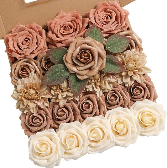 YYHUAWU Artificial Flowers Combo Box Set Gradient Color Flower Leaf with Stems for DIY Wedding Bouquets Centerpieces Baby Shower Party Home Decorations (Garden Dusty Rose)