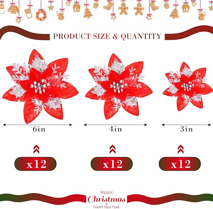 36 Pcs Christmas Glitter Artificial Poinsettia Flowers Xmas Poinsettia Artificial Wedding Flowers Decorations Xmas Tree Ornaments with Clips for Party, 6 Inch, 4 Inch, 3 Inch(Red and Silver)