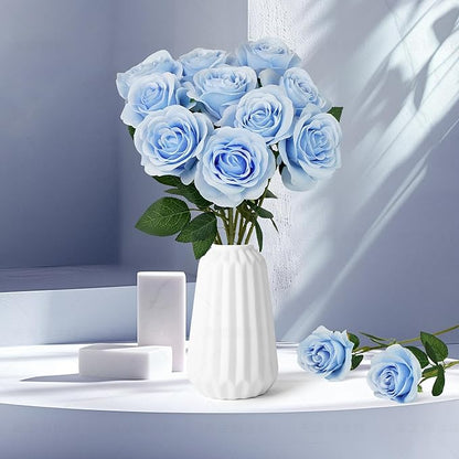 Flojery 10pcs Sky Blue Silk Roses Artificial Rose Flowers Long Stem for DIY Wedding Bouquet Table Centerpiece Home Décor