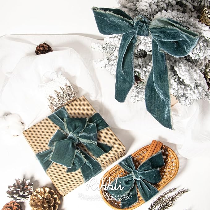 Ribbli Dusty Green Velvet Ribbon 3 Inch Handmade Frayed Vintage Christmas Ribbon for Gift Wrapping Christmas Tree Ornament Wreath Craft Home Decor -3 Yards