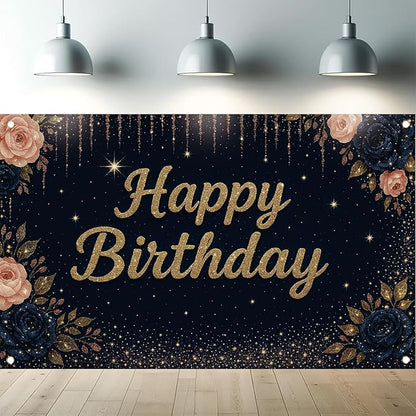 Happy Birthday Backdrop Banner Navy Blue Gold Glitter Rose Floral Birthday Party Decorations Photography Background Wedding Baby Shower Decor Booth Studio Props Supplies 71 x 43 Inch