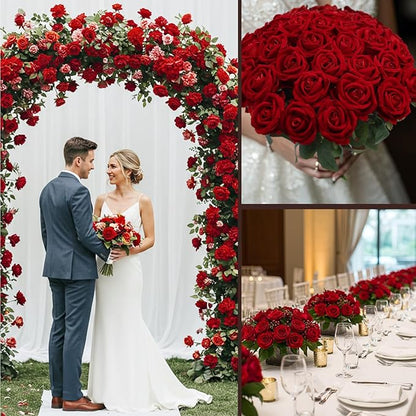 Auihiay 104pcs Red Roses Artificial Flowers - Realistic Faux Red Roses for Wedding Wedding, Table Centerpiece, Home Party, Valentine's Day, Mother's Day, Anniversary Decorations