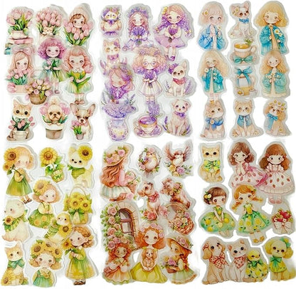 TIAMECH Cute Stories PET Stickers - 60 Pcs Daisy Rose Flower & Hairy Girl Design, Waterproof Sticker for Journaling & Scrapbooking, Junk Journal Supplies, Ephemera & DIY Crafts