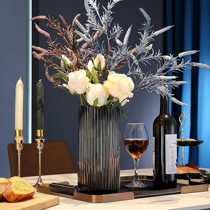 Large Cylinder Ribbed Brown Glass Flower Vase for Farmhouse Dining Table Centerpieces Decor