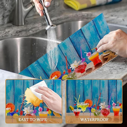 Colorful Tropical Cocktails at Beach on Blue Wood Placemats Set of 6 Place Mats for Kitchen Table Washable Farmhouse Linen Table Mats Dining Decoration 12x18 Inch