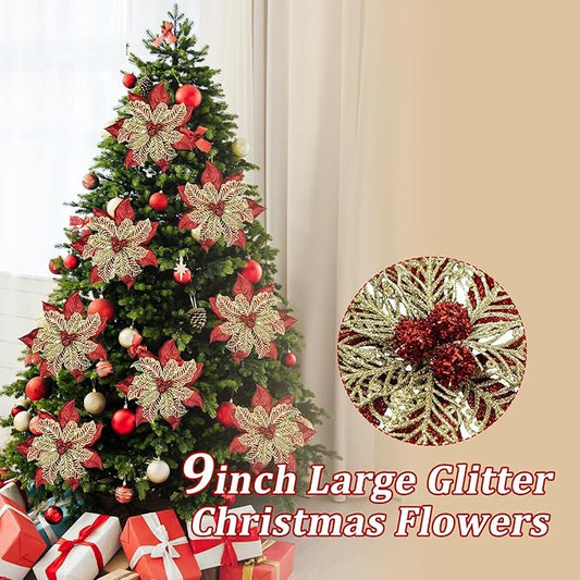 9'' Large Christmas Poinsettia Flowers, 4 Pcs Red Gold Glitter Artificial Christmas Tree Ornament Flowers Decorations with Clips for Xmas Tree Wreath Garland Wedding Party DIY Decor