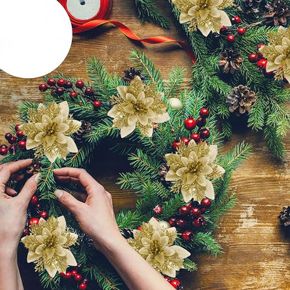 12 PCS Poinsettia Flower Artificial Gold Christmas Flowers Artificial 5.5'' Glitter Poinsettias Artificial Christmas Tree Flower with Clips DIY Xmas Wreath Holiday New Year Home Party Decor
