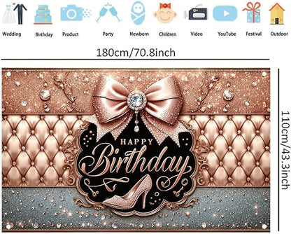 Happy Birthday Backdrop Banner Pink High Heels Birthday Photo Backdrop Photography Background Glitter Diamond Decorations Girl Sweet Party Banner Photo Booth 71 x 43 Inch