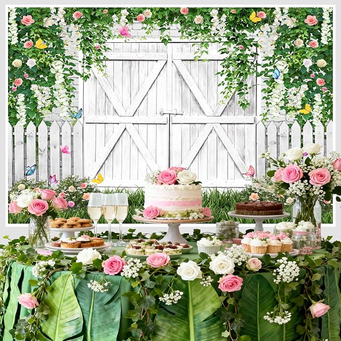 AOFOTO White Barn Door Floral Backdrop 8x6ft Spring Garden Background Banner Green Leaves Flowers Butterfly Wooden Door Backdrops Birthday Bridal Shower Wedding Banner Photo Booth Studio Props