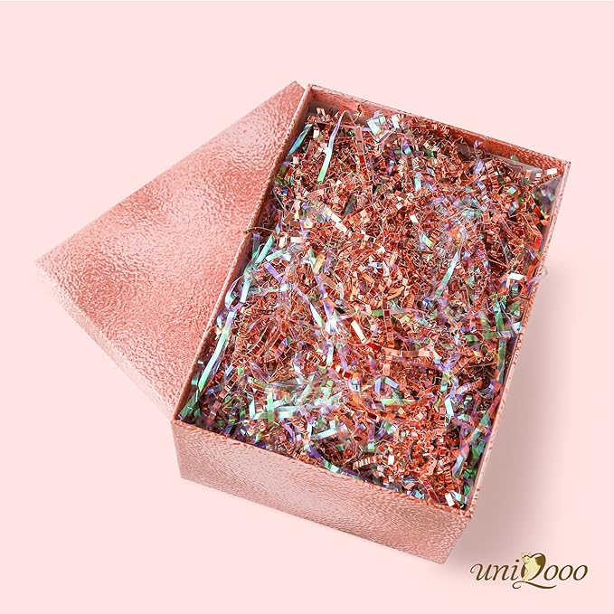 UNIQOOO 1/2 LB Metallic Iridescent Rose Gold Crinkle Cut Paper Shredded Filler, Rosy Pink Gold Grass Raffia Tissue, Strands Shred Craft Bedding Cushion Paper, for Christmas Wedding Mothers Day Bridesmaid Engagement Gift Boxes Bags Retail Decoration