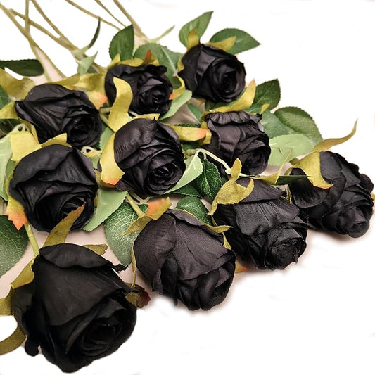 Artificial Roses 10 Pcs - Lifelike Single Stem Fake Roses with Natural Petal Texture,Fade-Resistant Silk Flowers for Wedding Decor,Home Vase Arrangements,Party Centerpieces(10, Black)