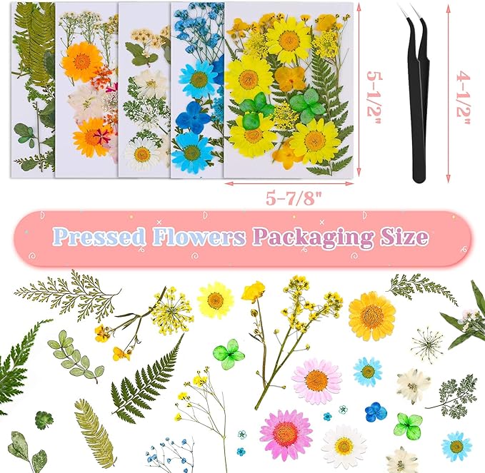 102 PCS Dried Flowers for Resin Molds, Natural Dried Pressed Flower Leaves Bulk for Jewelry Making Kit Real Dry Herbs for Scrapbooking, Candle, Soap Making, Nail Décor, Art Supplies,Tweezers Included