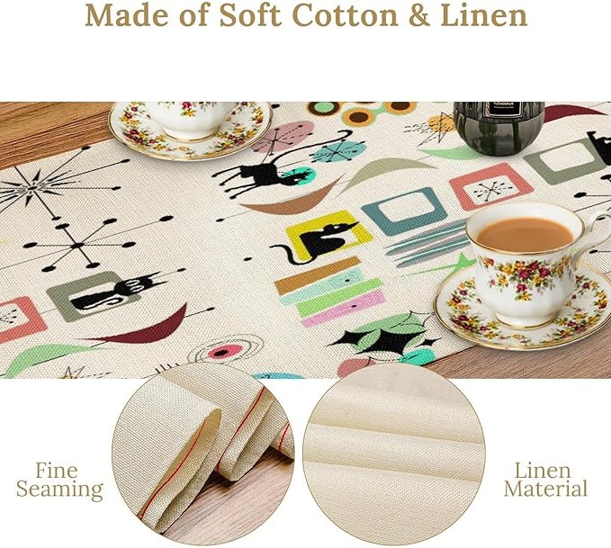 Colorful Geometric Table Runner,Vintage Mid Century Cute Cat Abstract Morden Print Tablecloth Burlap for Hotel Indoors Outdoor Dining Room Kitchen Home Decor, 13x90in
