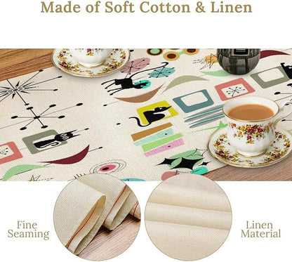 Colorful Geometric Table Runner,Vintage Mid Century Cute Cat Abstract Morden Print Tablecloth Burlap for Hotel Indoors Outdoor Dining Room Kitchen Home Decor, 13x36in