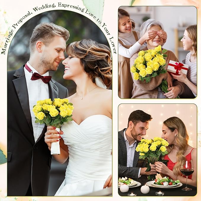 Hotop 20 Pcs Artificial Rose Flowers with Long Stem,Real Touch Silk Realistic Plastic Bouquet Roses Bulk for Home Decor Bridal Wedding Party Table Centerpieces Decorations(Yellow)