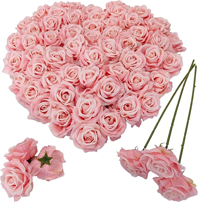 Artificial Satin Rose Flower Heads,48 Pcs Silk Rose Heads with Stems,3.3'' Rose Artificial Flowers Bulk,Artificial Rose Flower Heads for DIY Crafts Bouquet (48, Pink)