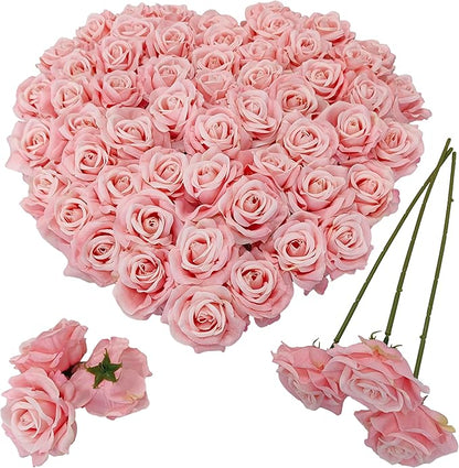 Artificial Satin Rose Flower Heads,48 Pcs Silk Rose Heads with Stems,3.3'' Rose Artificial Flowers Bulk,Artificial Rose Flower Heads for DIY Crafts Bouquet (48, Pink)