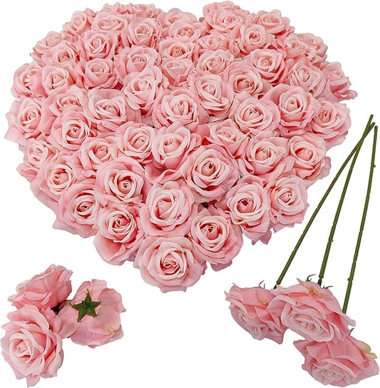 Artificial Satin Rose Flower Heads,48 Pcs Silk Rose Heads with Stems,3.3'' Rose Artificial Flowers Bulk,Artificial Rose Flower Heads for DIY Crafts Bouquet (48, Pink)