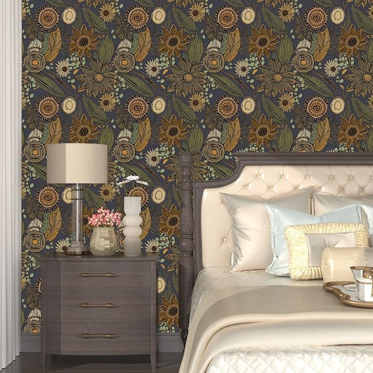 Boho Wallpaper Peel and Stick, Vintage Blue Yellow Floral Contact Paper, Botanical Flowers Antique Retro Wall Paper 17.5" x 118" Self Adhesive Removable Waterproof for Walls Shelves Cabinet Table