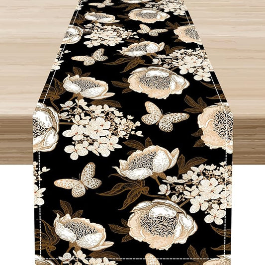 Boho Floral Table Runner, Retro Bohemian Abstract Flower Leaves Black Gothic Print Table Center Decor for Family Kitchen Table Decorations Indoor Outdoor 13x108 inch