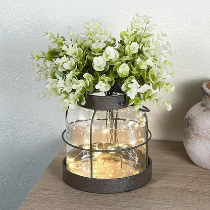 Vintage Glass Farmhouse Vase - Handmade Rustic Lantern Planter with Bonus Artificial Flowers & LED Lights (Home Decor Centerpiece), Farmhouse Wedding/Tabletop Decor, Housewarming Gift
