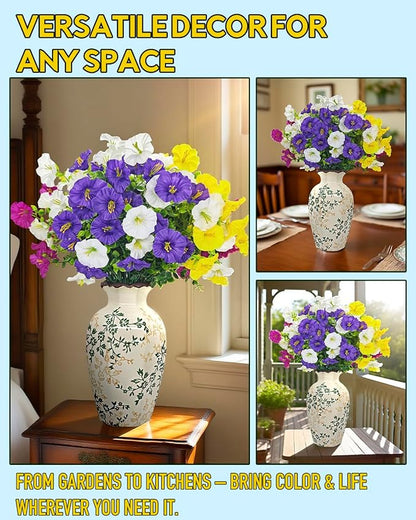 12 Bundles Artificial Flowers for Outdoors UV Resistant with Eucalyptus - Realistic Silk Fake Flowers Outside for Window Box Planter Hanging Basket, Faux Plants for Home Porch Garden Yard Décorations