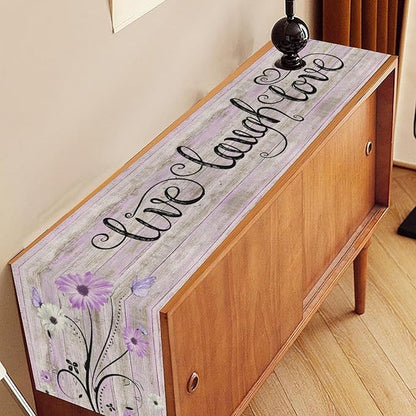 Purple Daisy Table Runner, Butterfly Rustic Seasonal Spring Wild Flower Rustic Blue Wood Farmhouse Decor for Family Kitchen Farmhouse Holiday Party Table Decorations Indoor Outdoor 13x108 inch