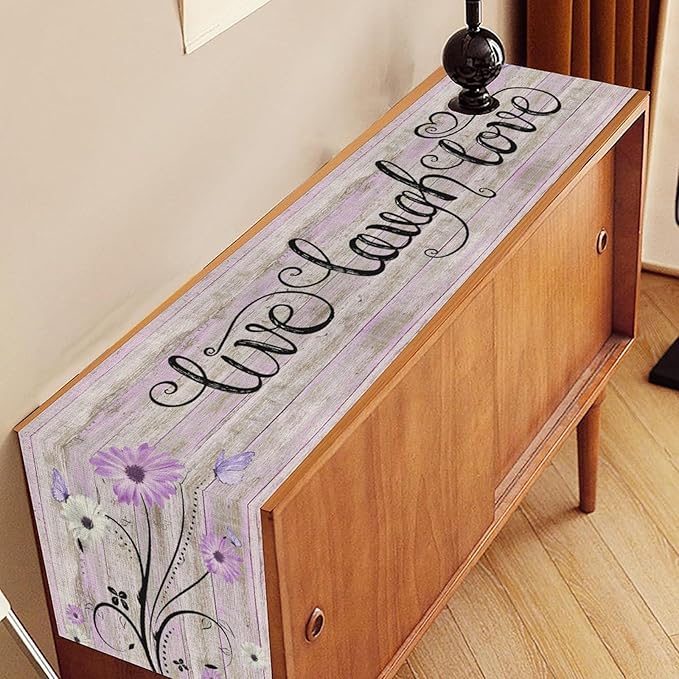 Purple Daisy Table Runner, Butterfly Rustic Seasonal Spring Wild Flower Rustic Blue Wood Farmhouse Decor for Family Kitchen Farmhouse Holiday Party Table Decorations Indoor Outdoor 13x90 inch