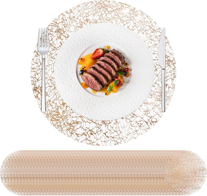 Hysenm 50 Pcs Disposable Champagne Placemats Set Metallic 13 Inch Round Table Doilies, Ultra-Thin Messy Lines Disposable Placement Mats for Home Decoration Dining Table Wedding Birthday Party
