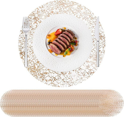Hysenm 50 Pcs Disposable Champagne Placemats Set Metallic 13 Inch Round Table Doilies, Ultra-Thin Messy Lines Disposable Placement Mats for Home Decoration Dining Table Wedding Birthday Party