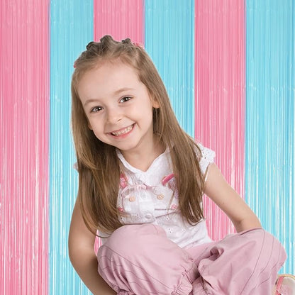 3 Pack 3.3 x 8.2 ft Pastel Blue and Pink Foil Fringe Backdrop Curtains, Tinsel Streamers Party Decorations, Fringe Backdrop for Grender Reveal, Baby Shower, Birthday Party