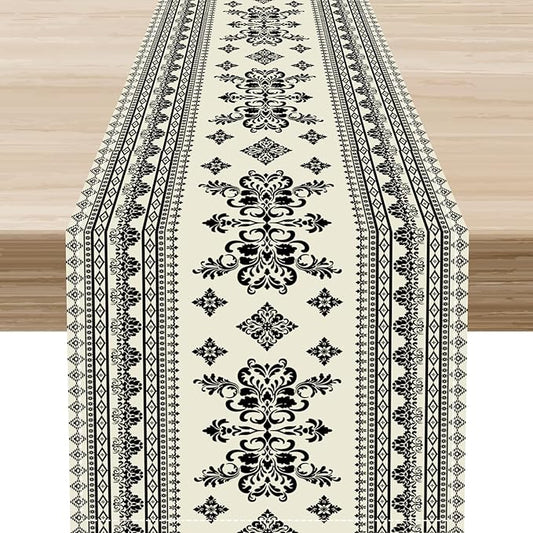 Black Floral Table Runner, Rustic Damask Antique Floral Retro Boho Art Linen Coffee Table Center Decor for Family Kitchen Farmhouse Holiday Party Table Decorations Indoor Outdoor 13x72 inch