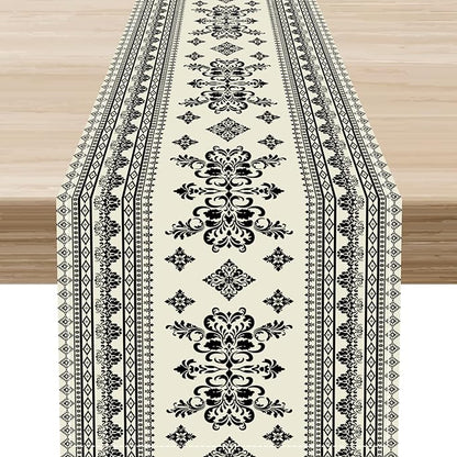 Black Floral Table Runner, Rustic Damask Antique Floral Retro Boho Art Linen Coffee Table Center Decor for Family Kitchen Farmhouse Holiday Party Table Decorations Indoor Outdoor 13x36 inch