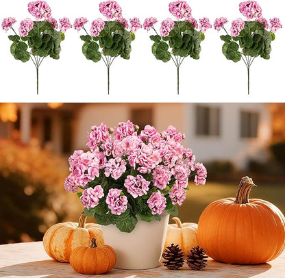 4PCS Home Decor Fake Plants Artificial Flowers Artificial Geraniums Outdoor Fake Flowers Artificial Flowers Fake Silk Bouquet, Fall Decor for Interior Porch Garden Decoration (Pink) 14.4"