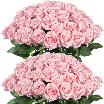 FOTEEWL 60 Pcs Artificial Rose Flower Realistic Faux Silk Roses Stem Fake Roses Bouquet for Flower Arrangement,Wedding Centerpieces,Party,Home Decorations (Pink)