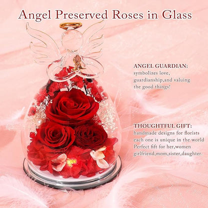 Gifts for Women Preserved Rose Forever Flower in Glass Angel Figurines Fresh Flowers for Delivery Prime Mothers Day Birthday Gifts for Mom Real Red Roses for Grandma Sister Wife Her from Daughter