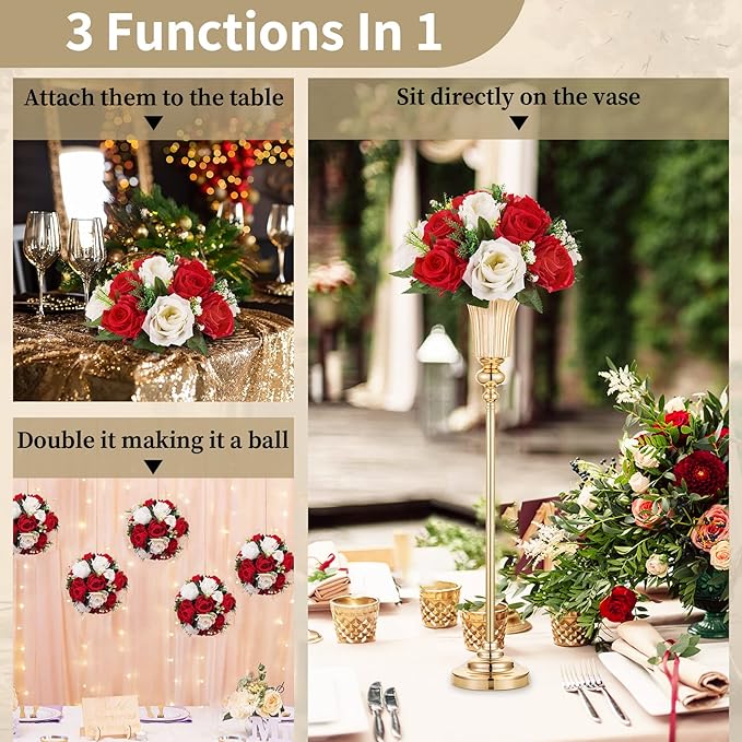NUPTIO Flower Centerpieces for Wedding Tables: Red & White Artificial Flower Ball Arrangement for Christmas Thanksgiving Party - 2 Pcs Fake Floral Rose for Bridal Shower Decor