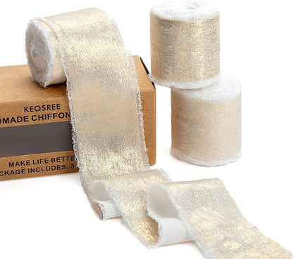 Champagne Gold Silk Chiffon Ribbon,Ivory White Frayed Shimmery Silk Ribbon for Bridal Flower Bouquet Gift Wrapping Wedding Decor Invitations Decorations 1.5" x 15 Yards (5Yards X 3 Rolls)