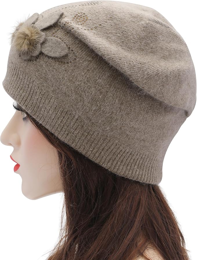 ZLYC Women Floral Slouchy Beanie Hat Double Layer Winter Knit Skull Cap