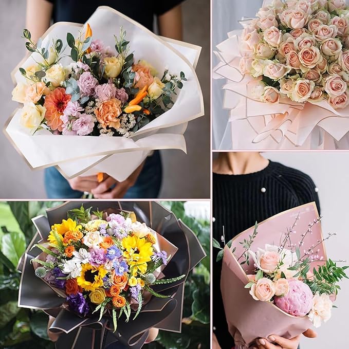 FF Sgdfc 20 Sheets Gold Edge Flower Wrapping Paper Waterproof Bouquet Packaging Paper Florist Bouquet Supplies for Wedding DIY Craft Gift Packing (Light purple)