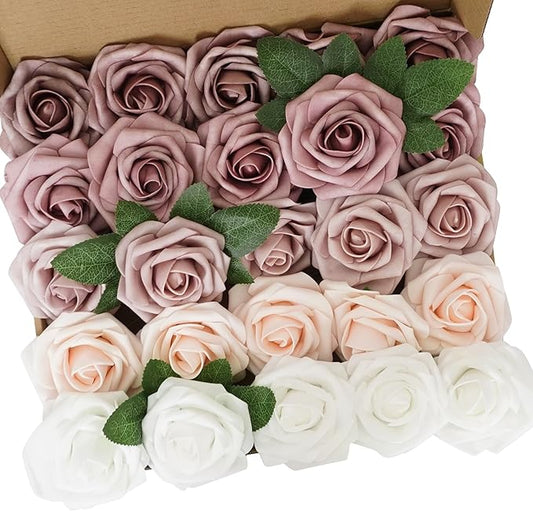 25pcs Artificial Flower Foam Rose Real Touch Roses Flower Heads with Stem for DIY Wedding Bouquets Centerpieces Arrangements Party Baby Shower Home Decor (Shades of Dusty Rose)
