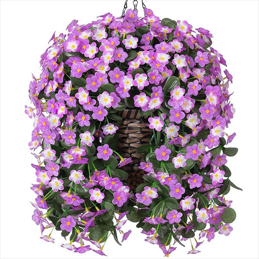 Artificial Faux Fall Hanging Mums Flowers Plants Baskets for Outdoor Outside, Fake Silk Light Fuchsia Daisy Orchid Trailing Vines in Planter Realistic UV Resistant for Balcony Porch Decor