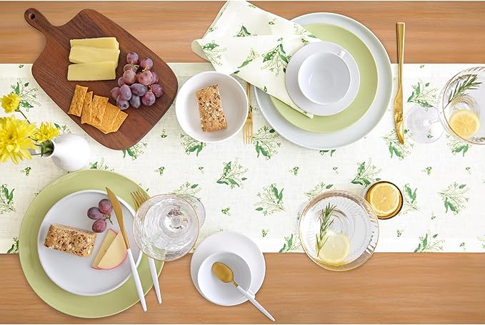 Solino Home Lily Floral Print Table Runner 108 Inches Long - 100% Pure Linen Table Runner 14 x 108 Inch - Lily of The Valley/Off White Print