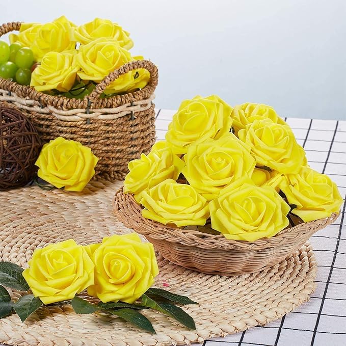 IPOPU 100 Pcs Artificial Rose Flower Heads Real Looking Yellow Foam Fake Roses for DIY Wedding Baby Shower Centerpieces Arrangements Party Tables Home Decorations (Yellow 1, Stemless)