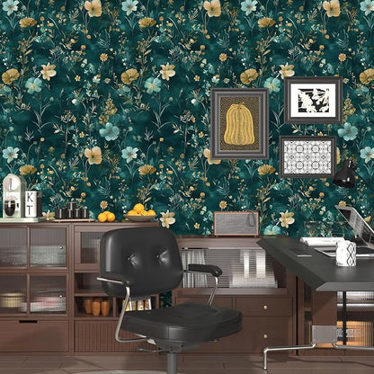 Vintage Floral Peel and Stick Wallpaper Boho Wallpaper 17.5''x393'' Teal/Blue/Yellow Wildflowers Vinyl Contact Paper Waterproof Self Adhesive Modern Stick on Wall Paper for Bedroom Wall Table Cabinet