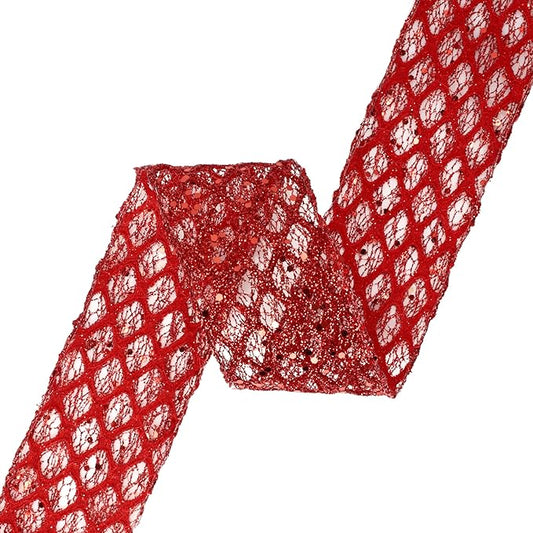 VATIN 2-1/2" Red Christmas Ribbon, Red Glitter Mesh Diamond Web Sequin Dots Wired Christmas Ribbon for Gift Wrapping Bow Making Wreath Supply-10 Yards