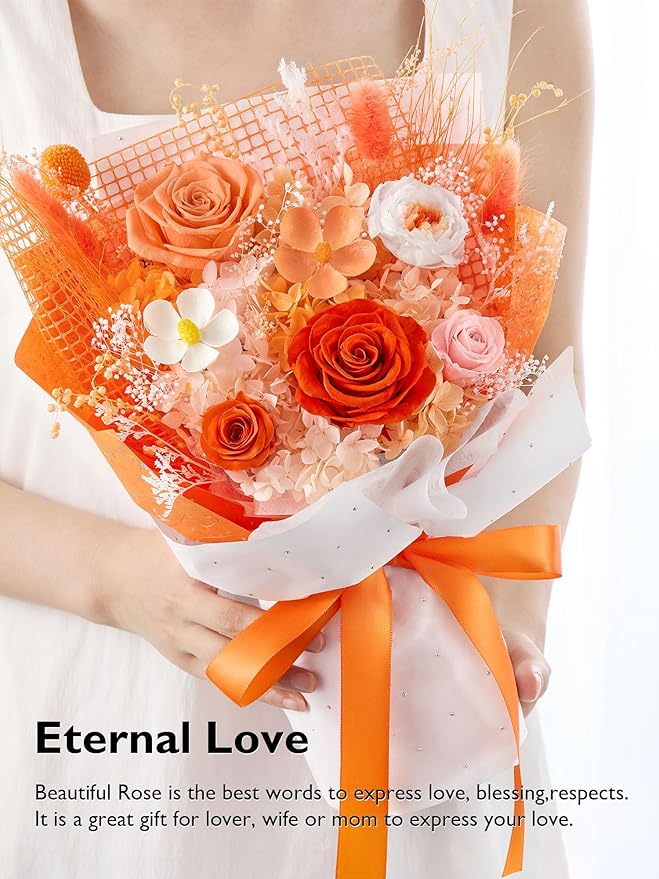 Eterfield Flowers for Delivery Prime, Forever Flowers Bouquet, Preserved Orange Roses Birthday Gifts for Her Women Wife Mom Grandma Graduation Valentine's Day Mother's Day